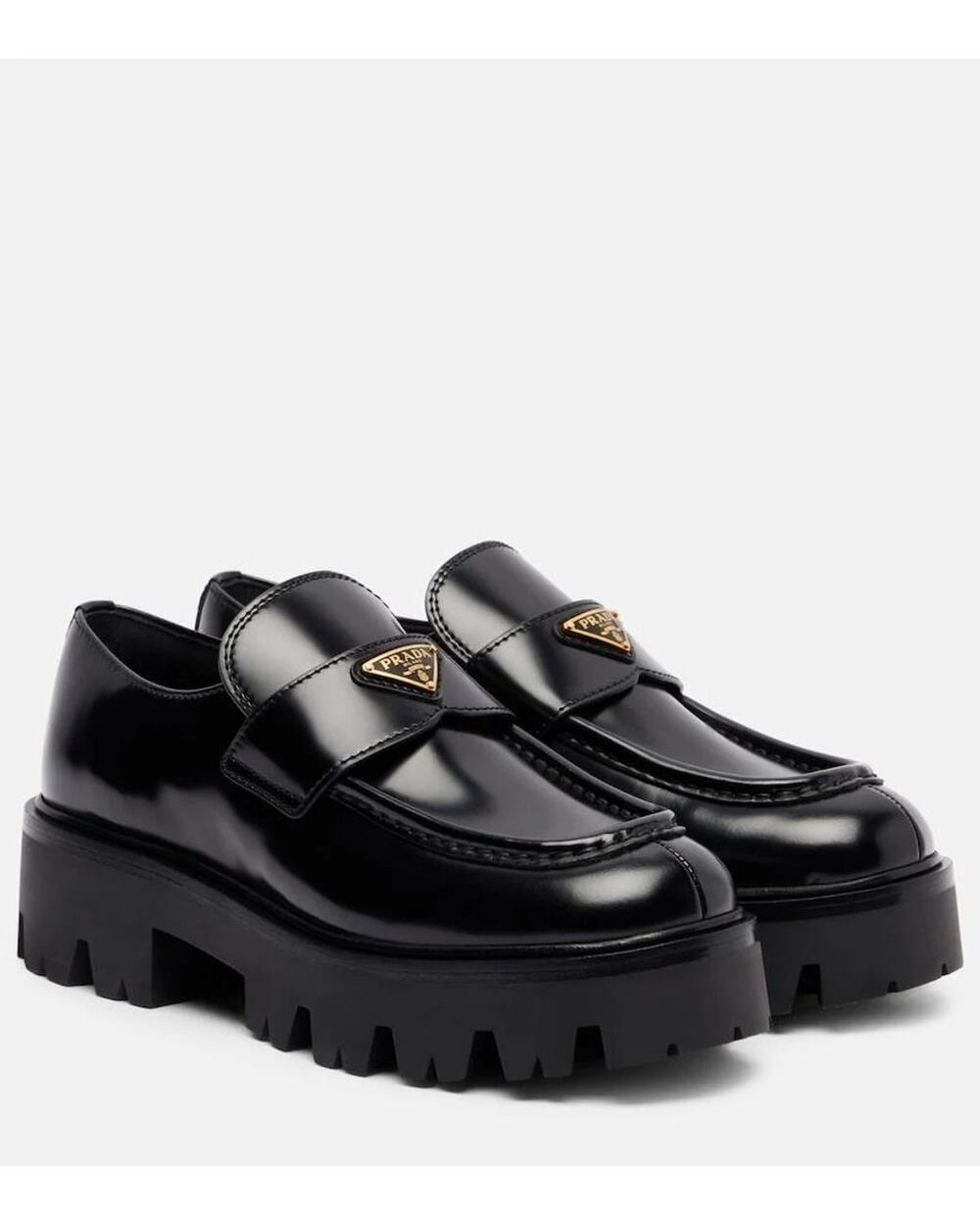 Prada Triangle Logo Brushed Leather Chunky Sole Platform Loafers Black EU 35.5
